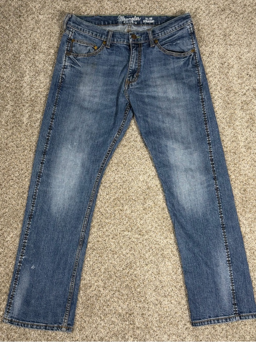 Wrangler Retro Slim Straight Jeans 34x30 Distressed Blue Denim
